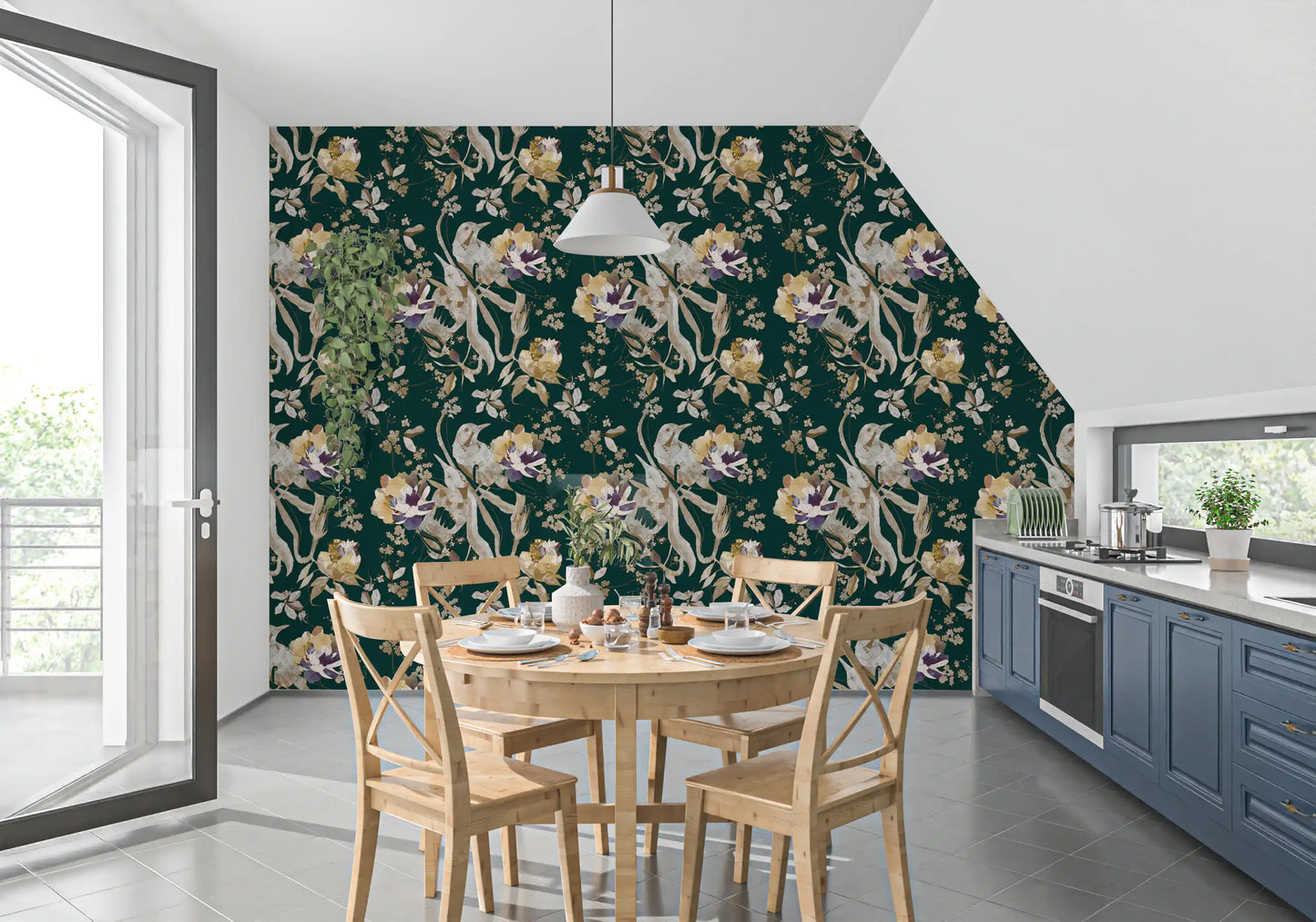Bird Wallpaper with navy floral artwork creates a refined botanical look