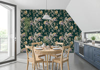 Bird Wallpaper with navy floral artwork creates a refined botanical look