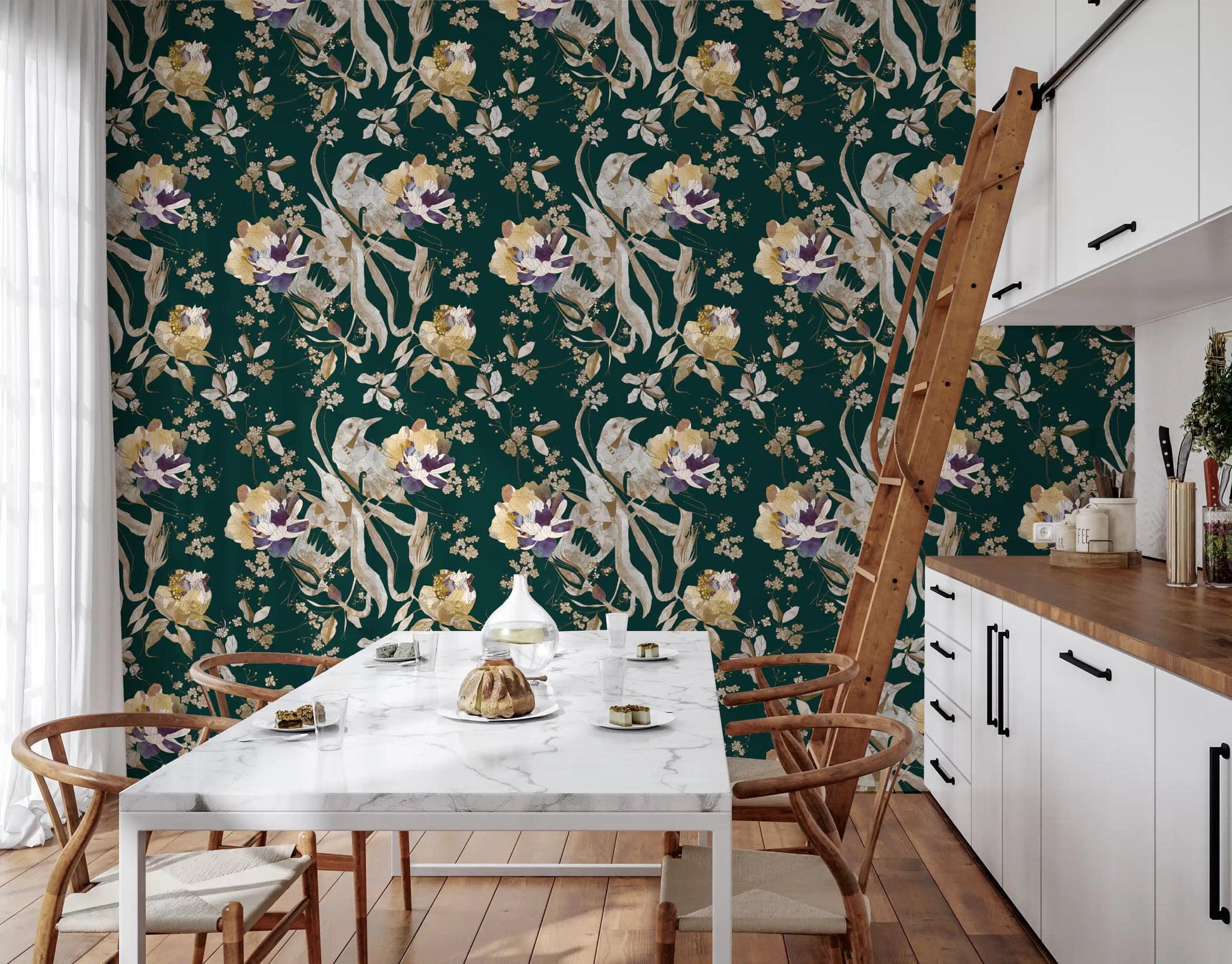 Detailed blossoms and birds shape this Navy Floral Wallpaper design