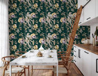 Detailed blossoms and birds shape this Navy Floral Wallpaper design