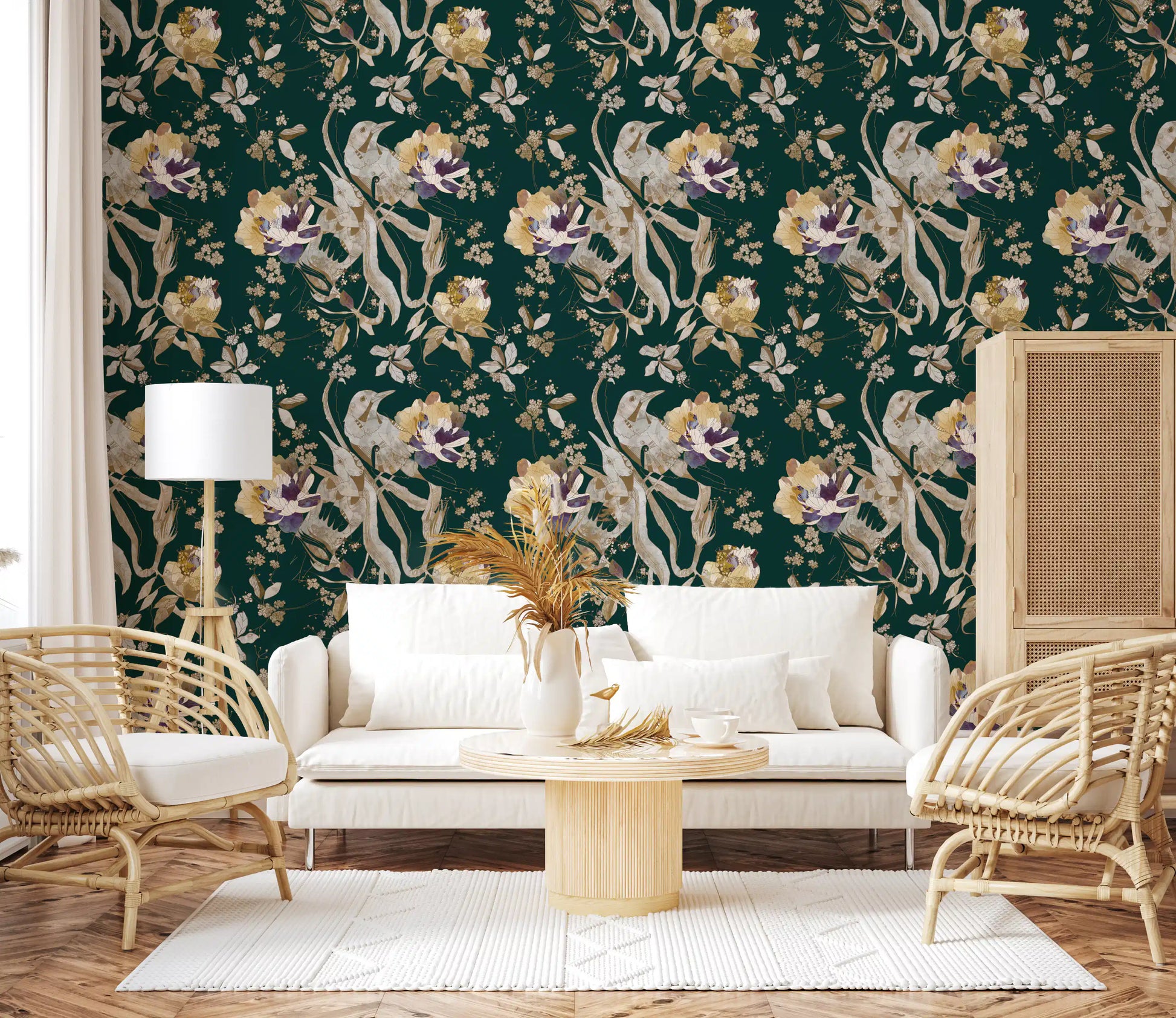 Hallway styled in Floral Bird Wallpaper with deep navy floral detailing
