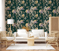 Hallway styled in Floral Bird Wallpaper with deep navy floral detailing