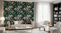 Living room with Navy Floral Bird Wallpaper in a dark botanical pattern