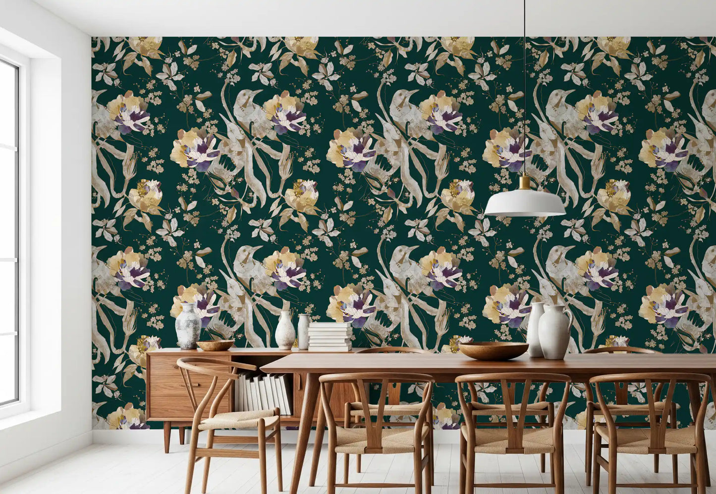 Graceful bird motifs accent this Navy Floral Bird Wallpaper beautifully