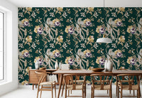 Graceful bird motifs accent this Navy Floral Bird Wallpaper beautifully