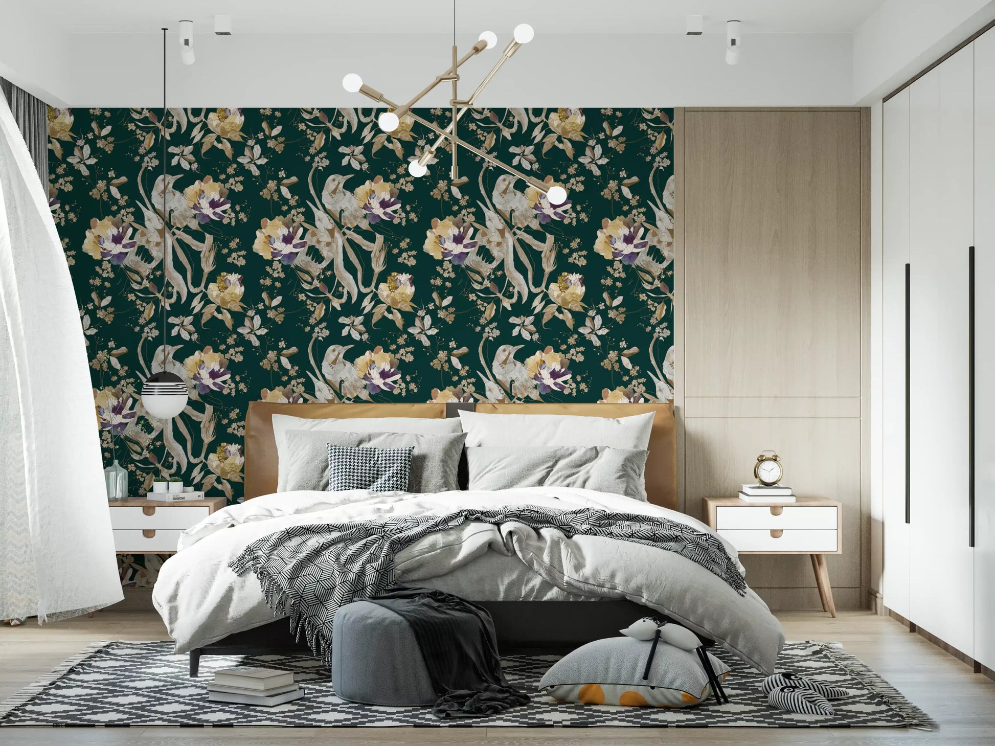 A deep navy base defines this Floral Bird Wallpaper with soft blooms