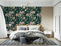 A deep navy base defines this Floral Bird Wallpaper with soft blooms