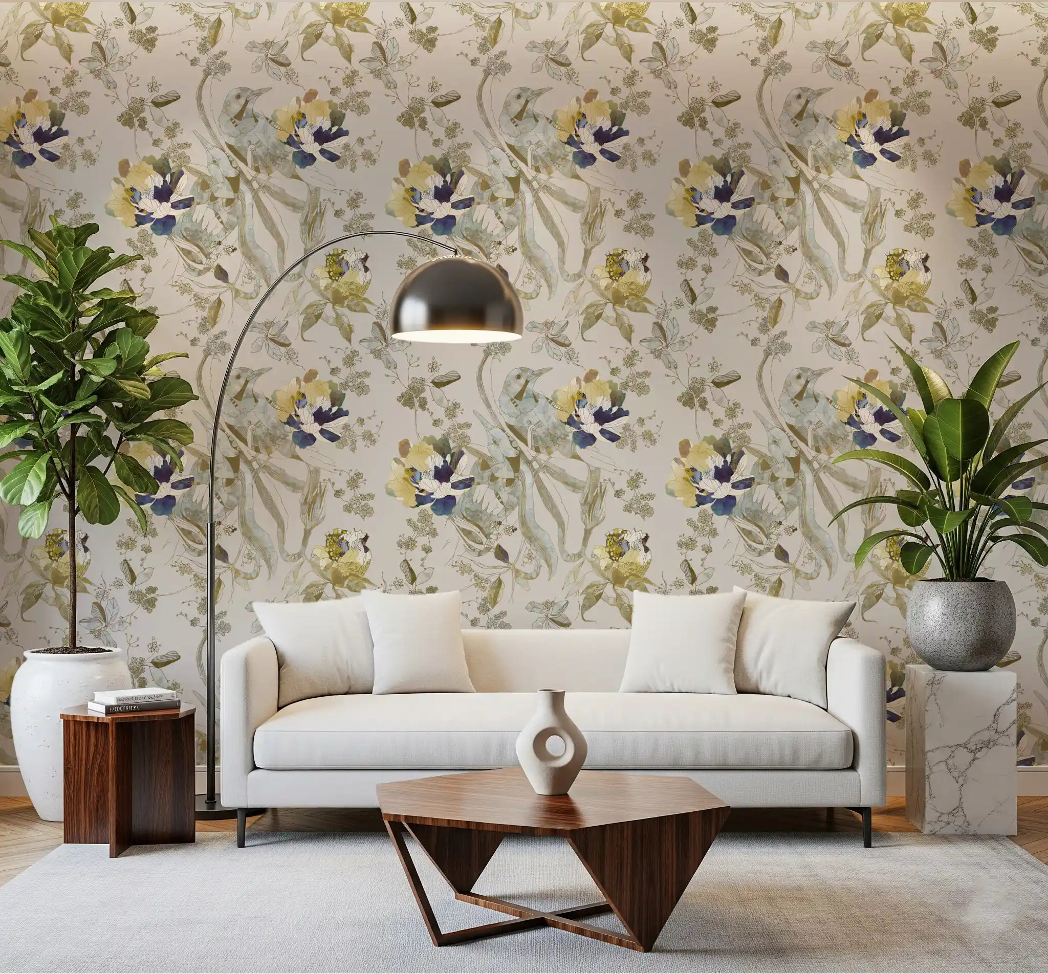 Emerald Green Bird and Floral Wallpaper with Gold Accents