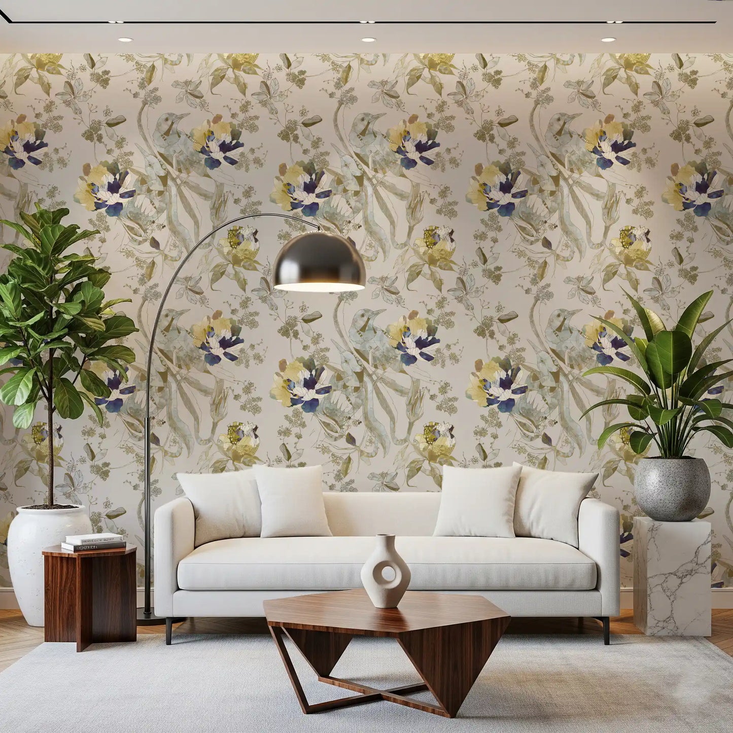 Emerald Green Bird & Floral Wallpaper⁠