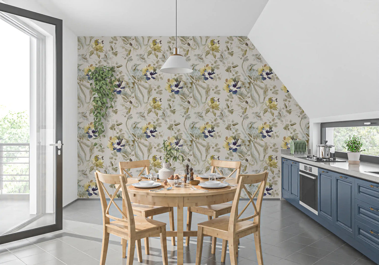 Emerald Green Bird & Floral Wallpaper⁠