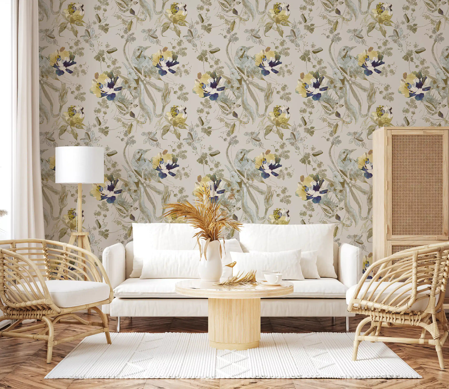 Emerald Green Bird & Floral Wallpaper⁠