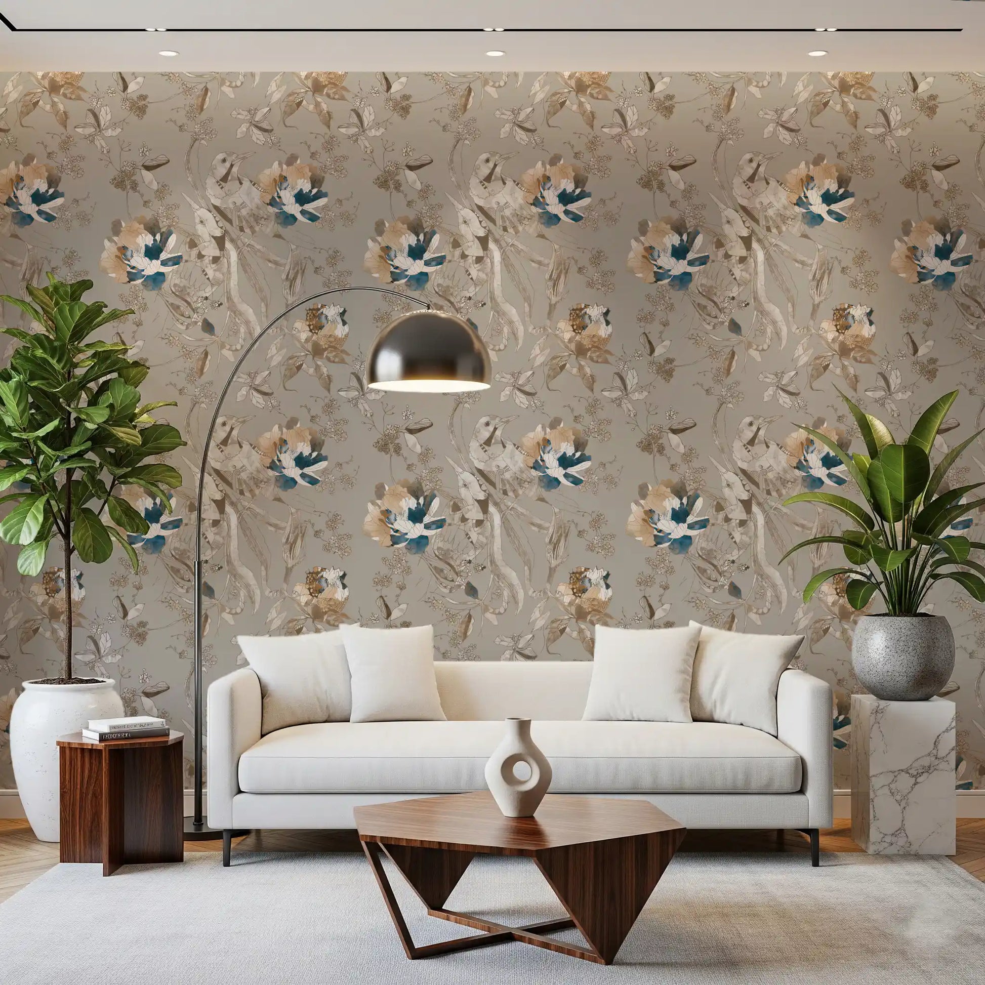 Lounge Area covered in vintage botanical wallpaper with brown linework