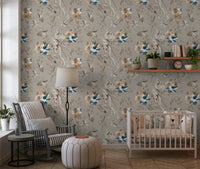 Nursery area by hand-drawn floral wallpaper in muted taupe