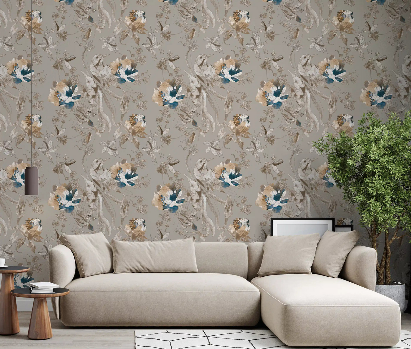 Living room styled with taupe vintage botanical wallpaper