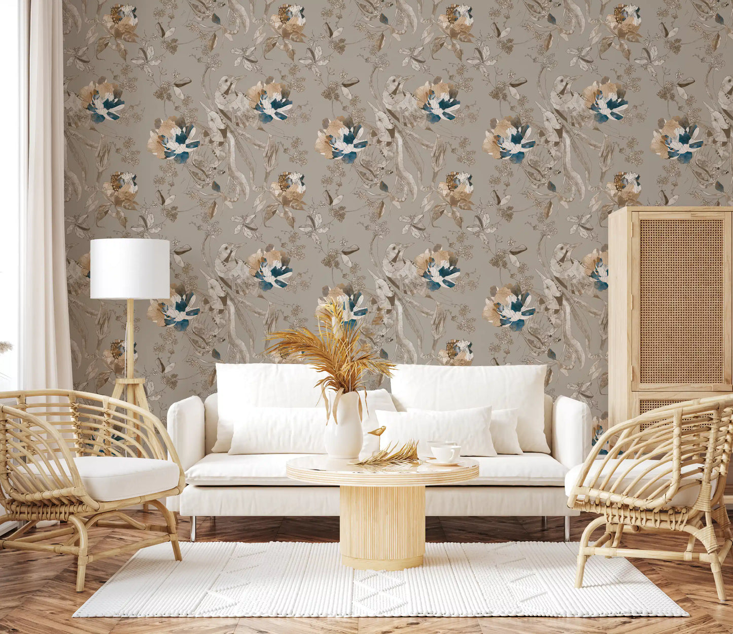 Living room area finished in soft taupe wallpaper with peony sketch motifs