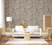 Living room area finished in soft taupe wallpaper with peony sketch motifs
