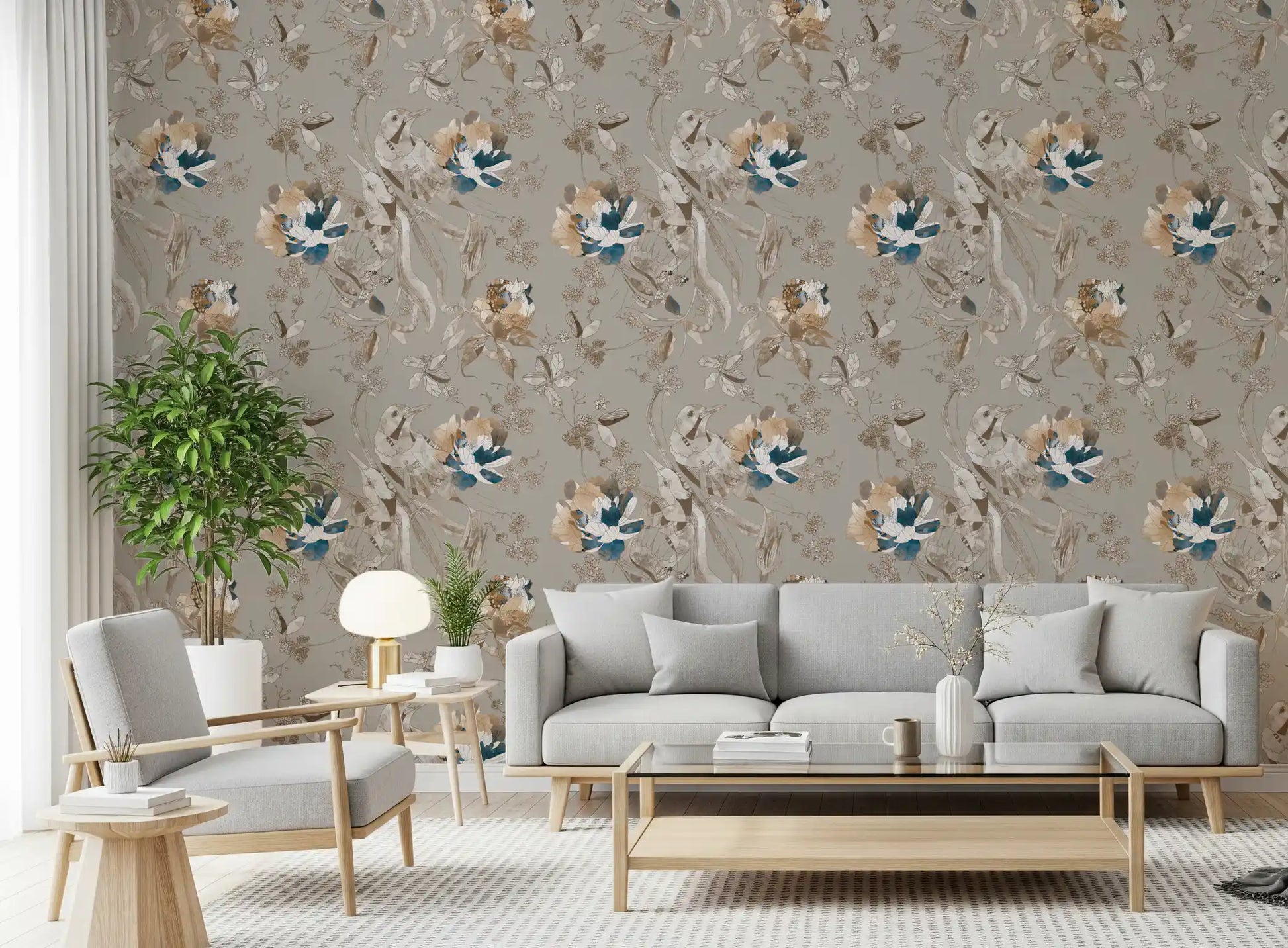 Sketched floral wallpaper featuring navy, ivory, and warm gold tones