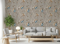 Sketched floral wallpaper featuring navy, ivory, and warm gold tones