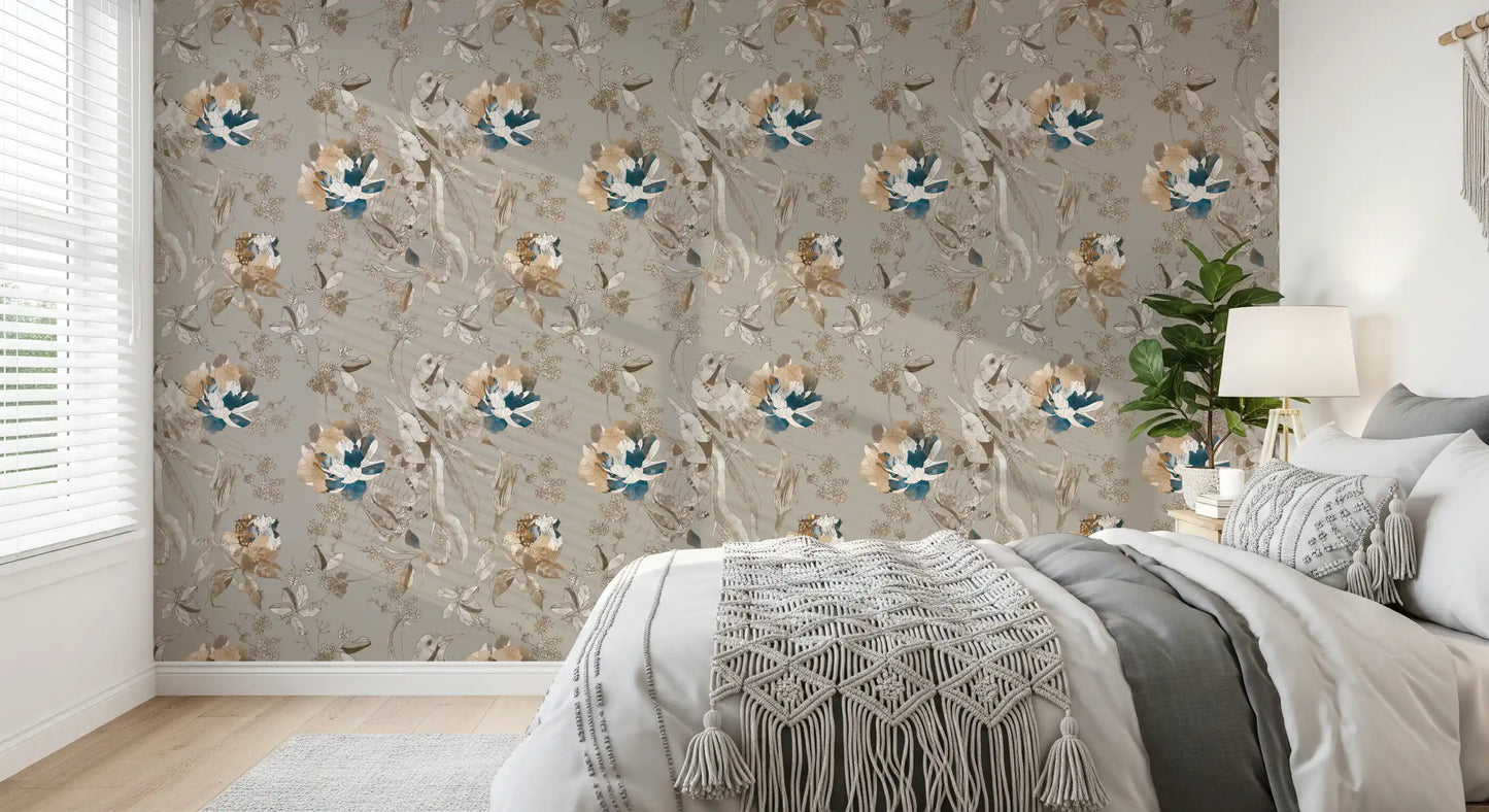 Botanical sketch wallpaper with brown linework and small cluster berries