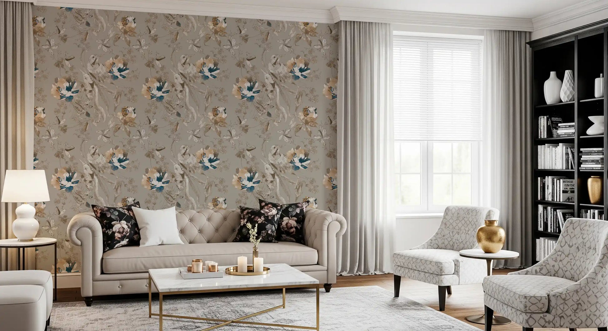 Living room covered in taupe floral wallpaper with sketched motifs