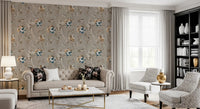 Living room covered in taupe floral wallpaper with sketched motifs