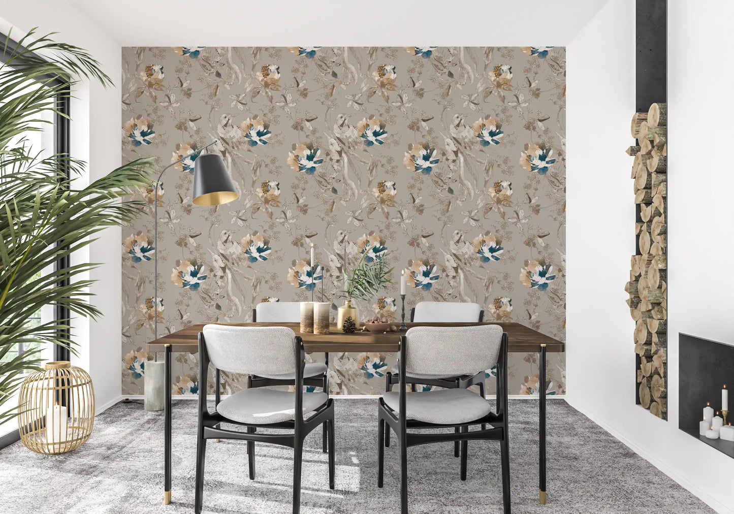 Taupe wallpaper showing layered peony illustrations and trailing leaves