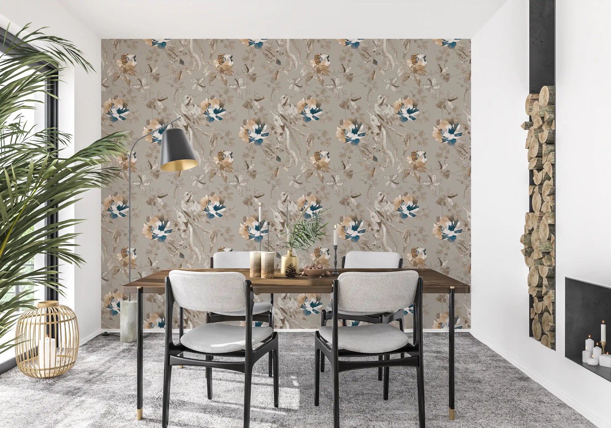 Taupe wallpaper showing layered peony illustrations and trailing leaves