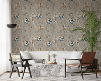Vintage botanical wallpaper with peonies, vines, and berries on a taupe ground