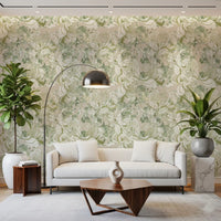 Hallway entry with soft sage peony wallpaper as focal point