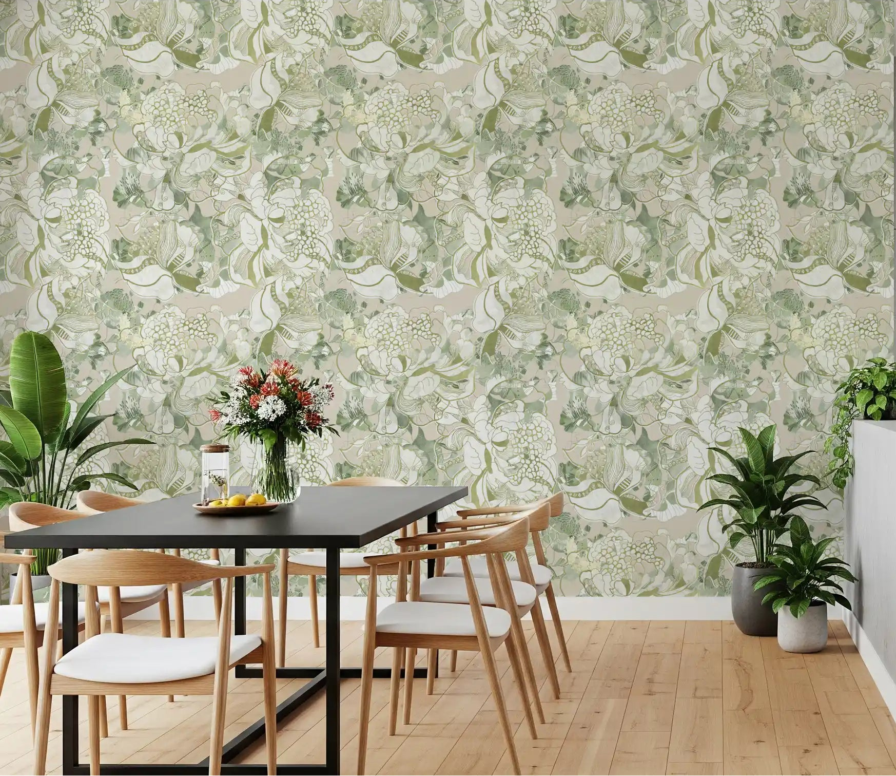 Dining room with sage green peony wallpaper on full 