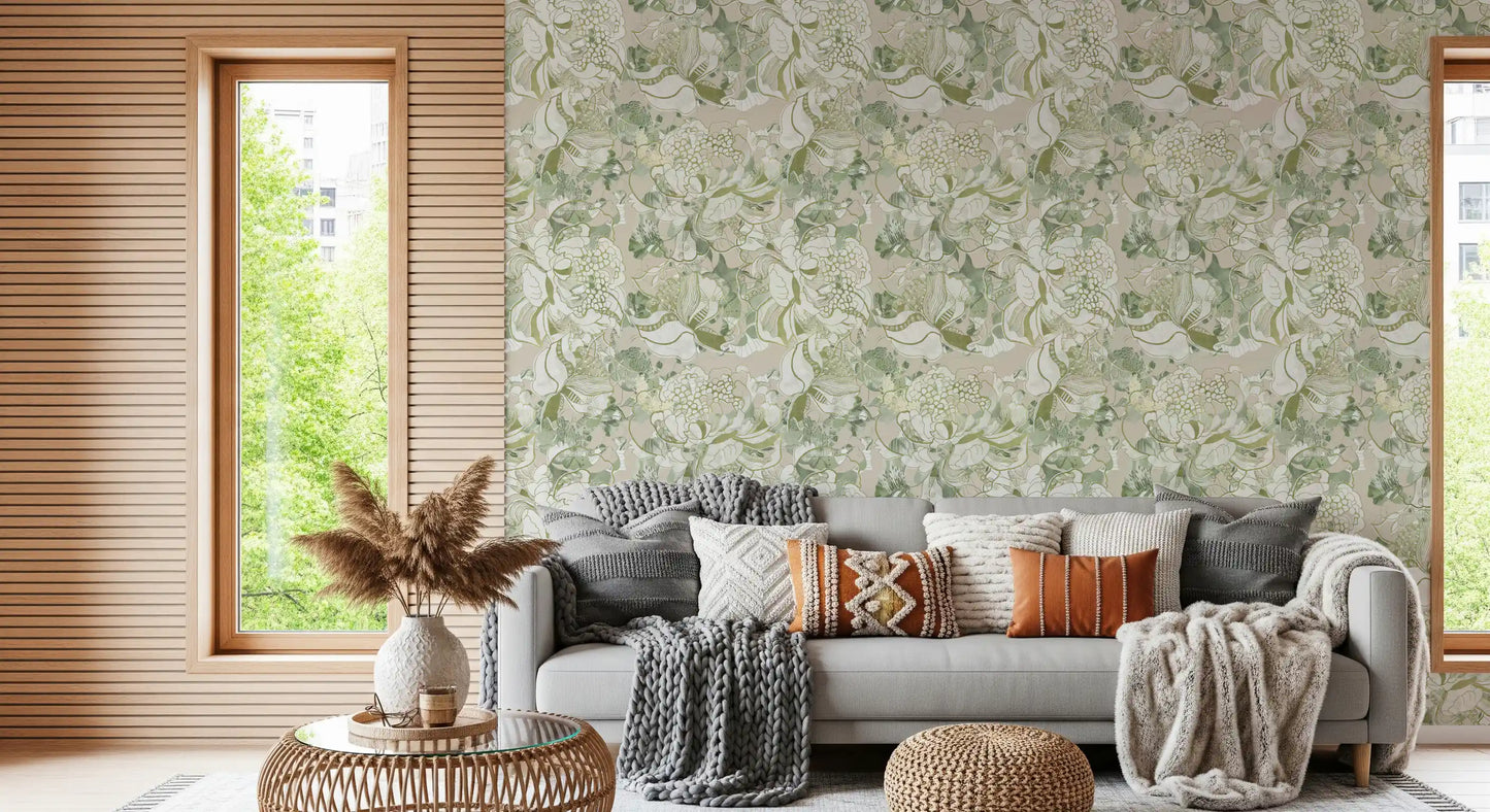 Living room corner showcasing layered peony wallpaper composition