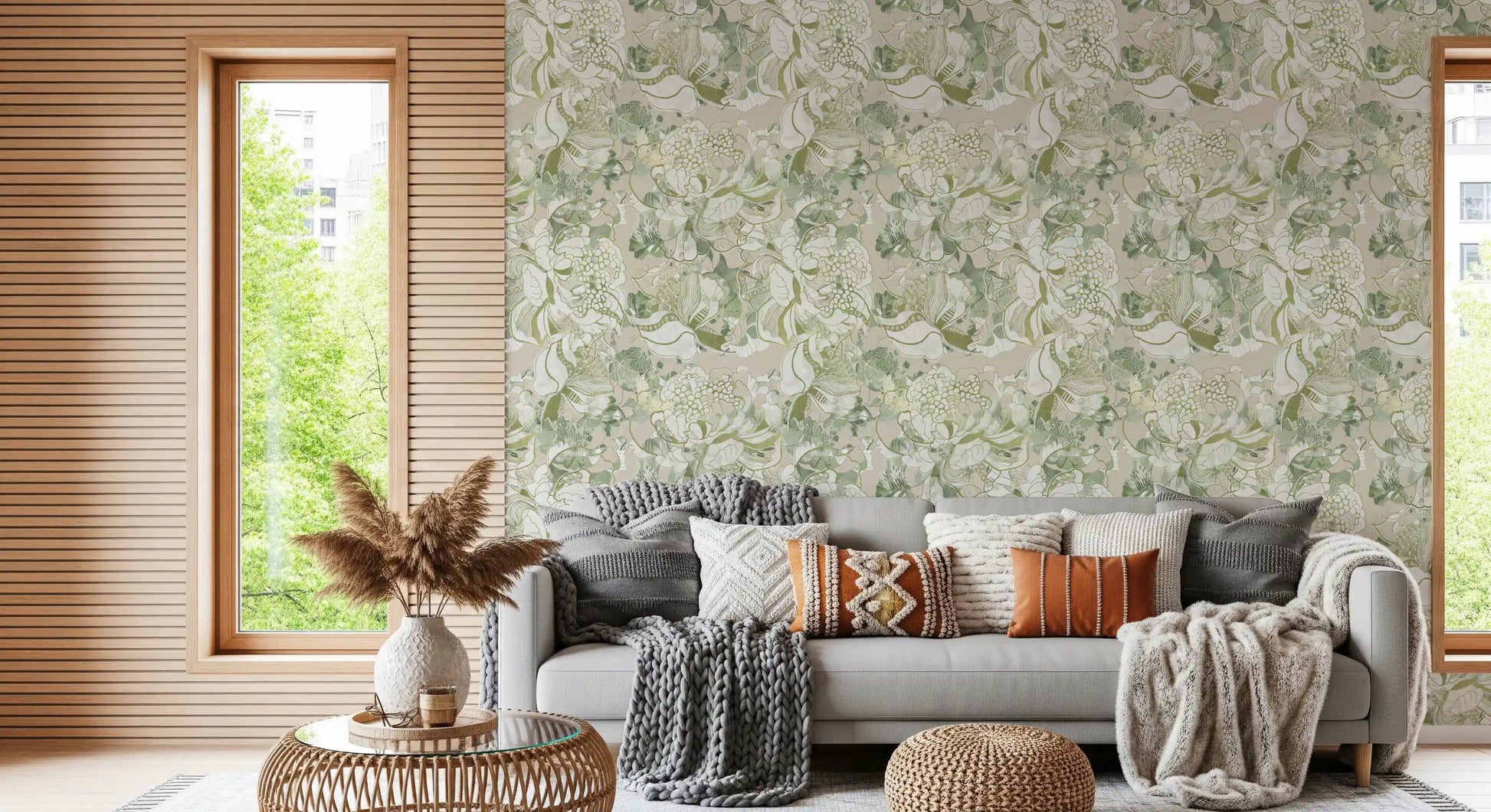 Living room corner showcasing layered peony wallpaper composition