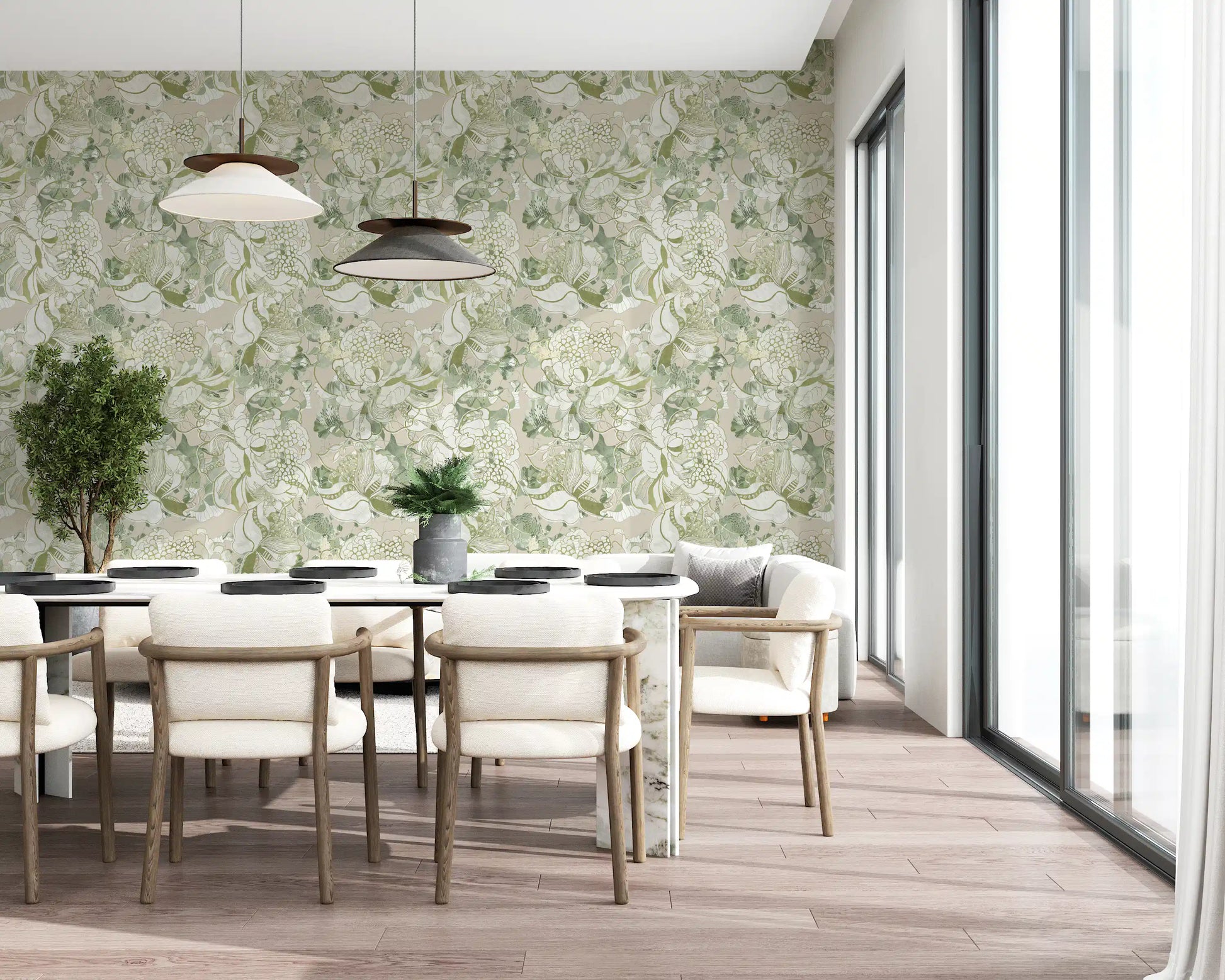 Sage green peony wallpaper with hand-drawn gold petal outlines