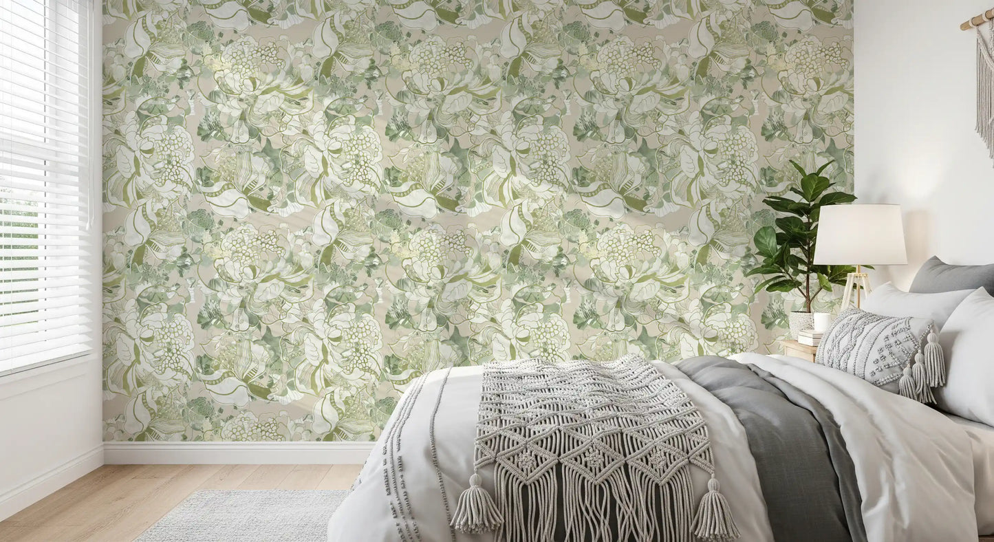 Soft green leaves and stylised blooms in peony wallpaper