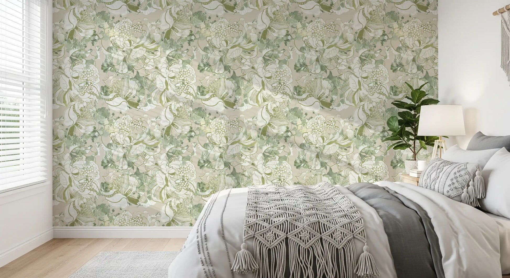 Soft green leaves and stylised blooms in peony wallpaper