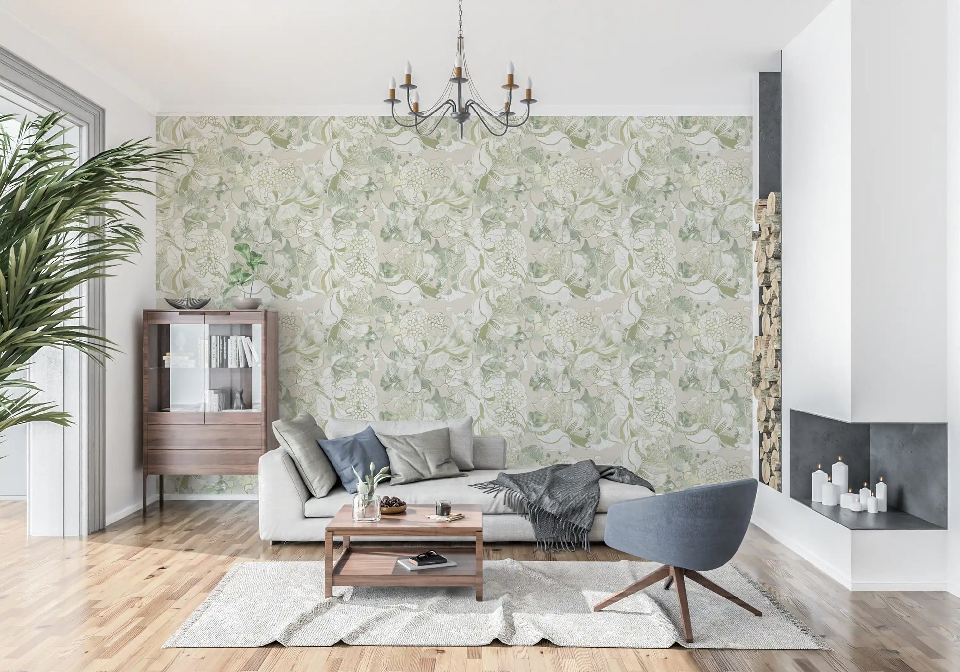 Modern living room featuring soft peony floral wallpaper backdrop
