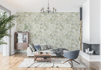 Modern living room featuring soft peony floral wallpaper backdrop
