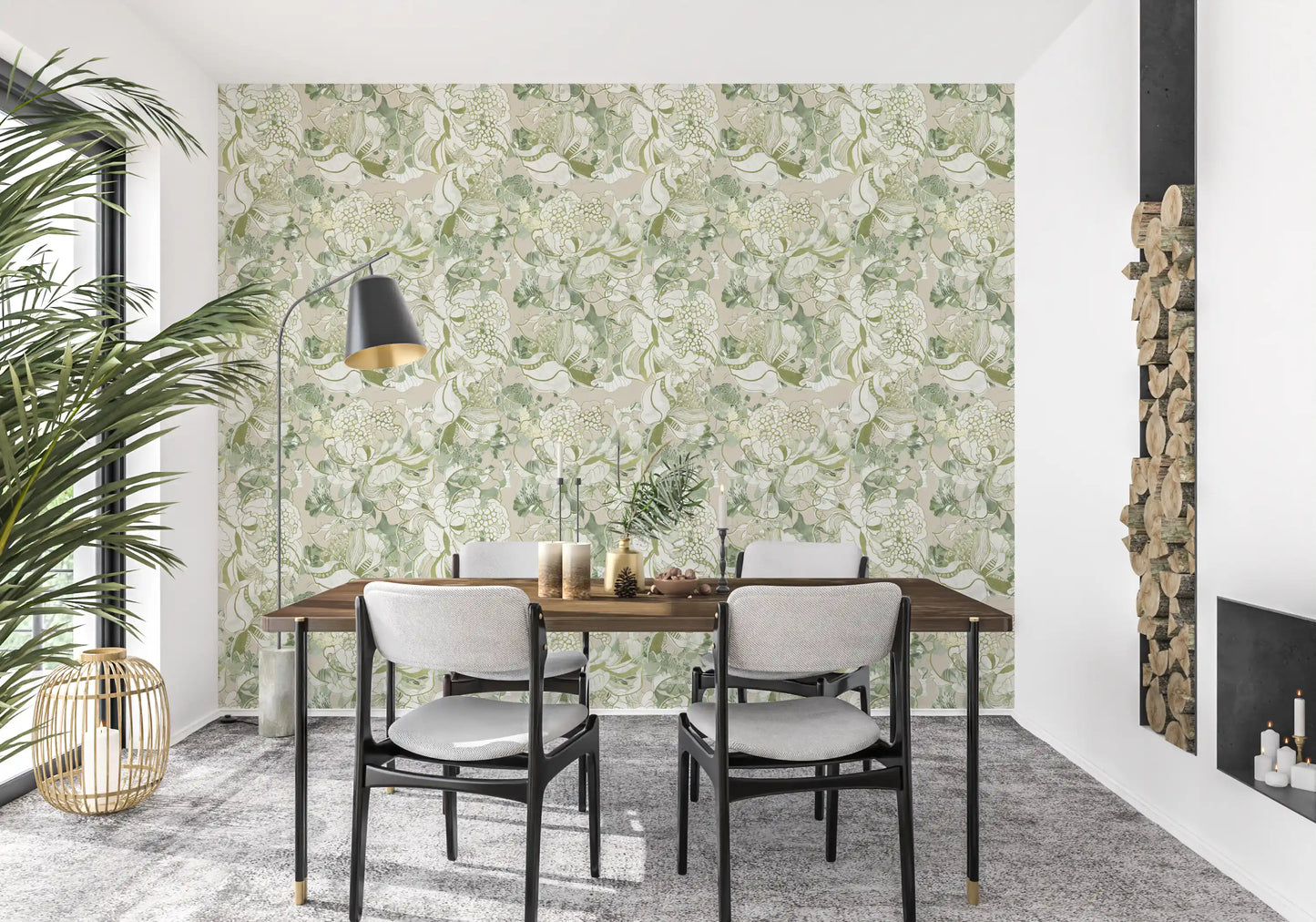 Open dining area styled with green botanical peony wallpaper