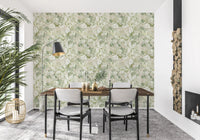 Open dining area styled with green botanical peony wallpaper
