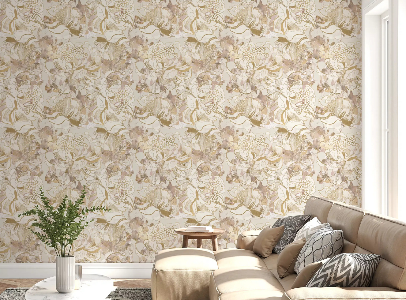 Cream and gold florals fill the living room with Blush Neutral Peony wallpaper.