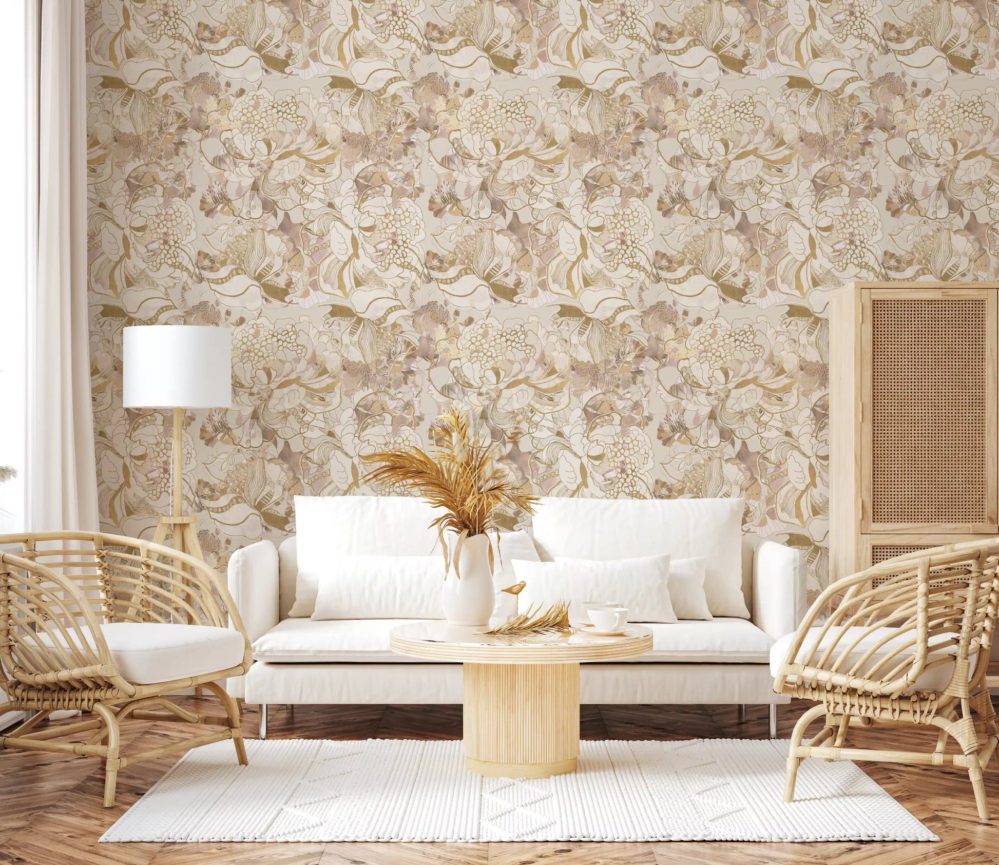Hand-drawn florals fill the Blush Peony wallpaper with cream and metallic gold.