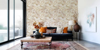 Petal detailing in Blush Neutral Peony wallpaper shows subtle gold linework.
