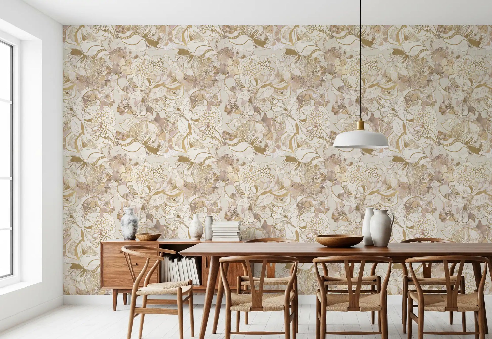Pale florals stretch around the dining room in Blush Neutral Peony wallpaper.
