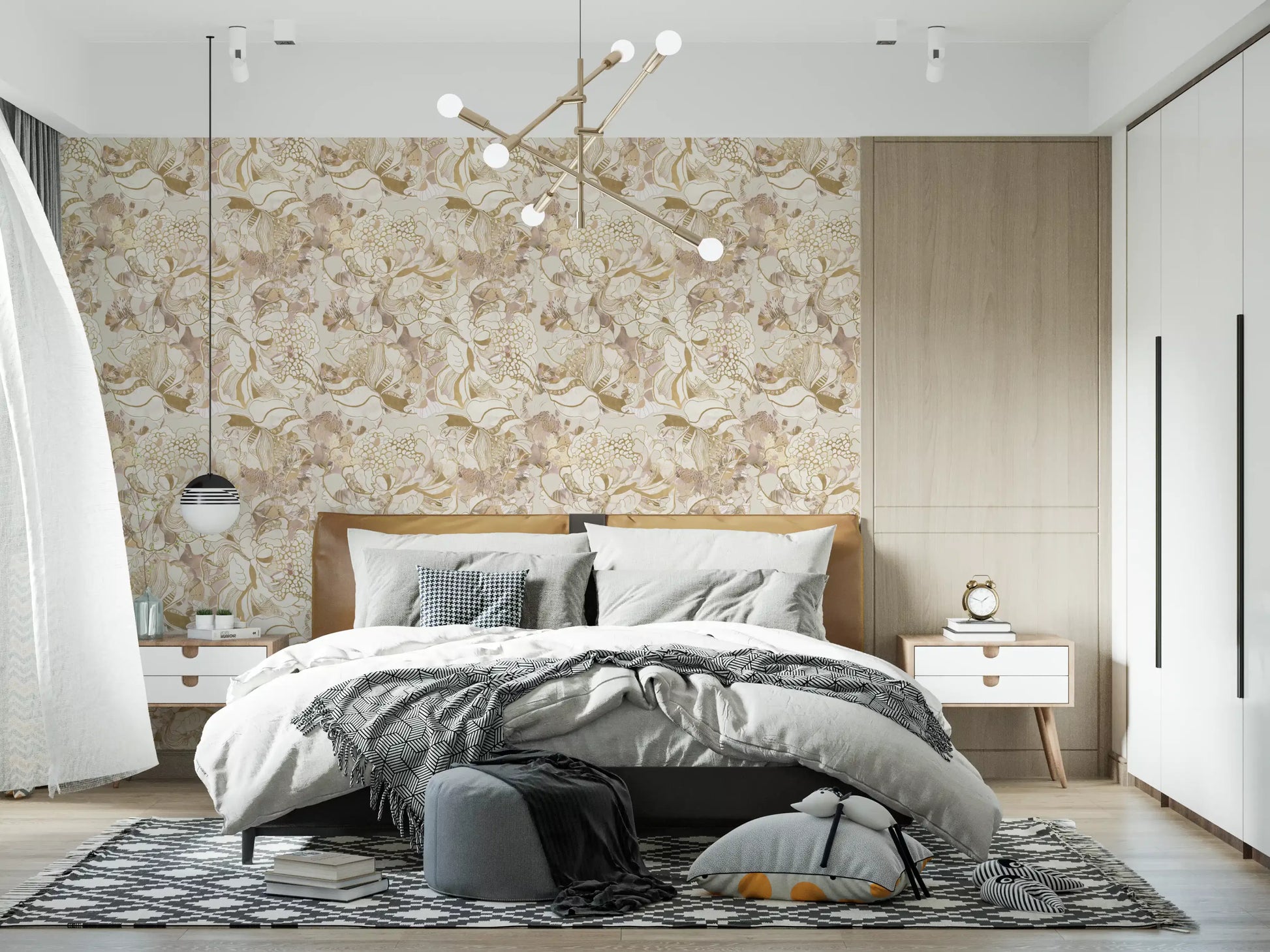 A calmer bedroom feel emerges through Blush Neutral Peony wallpaper.