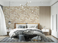 A calmer bedroom feel emerges through Blush Neutral Peony wallpaper.