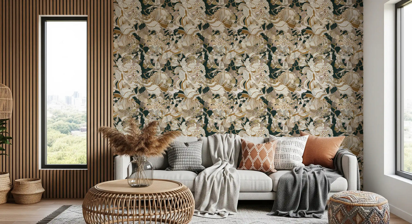 Hallway showing botanical peony wallpaper with layered gold linework