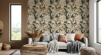 Hallway showing botanical peony wallpaper with layered gold linework