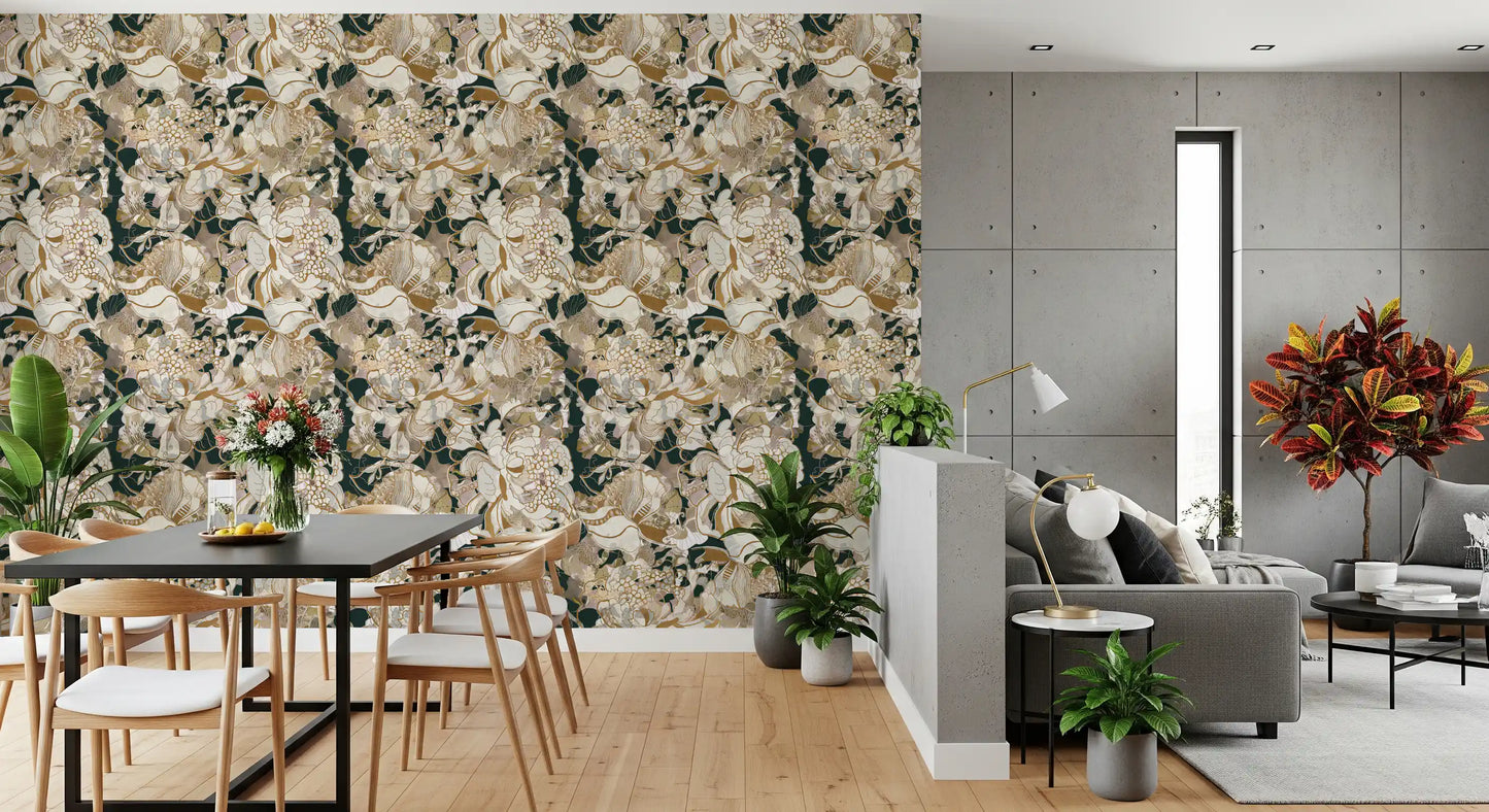 Peony wallpaper with abstract petals, gold strokes, and soft beige detail