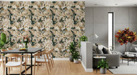 Peony wallpaper with abstract petals, gold strokes, and soft beige detail