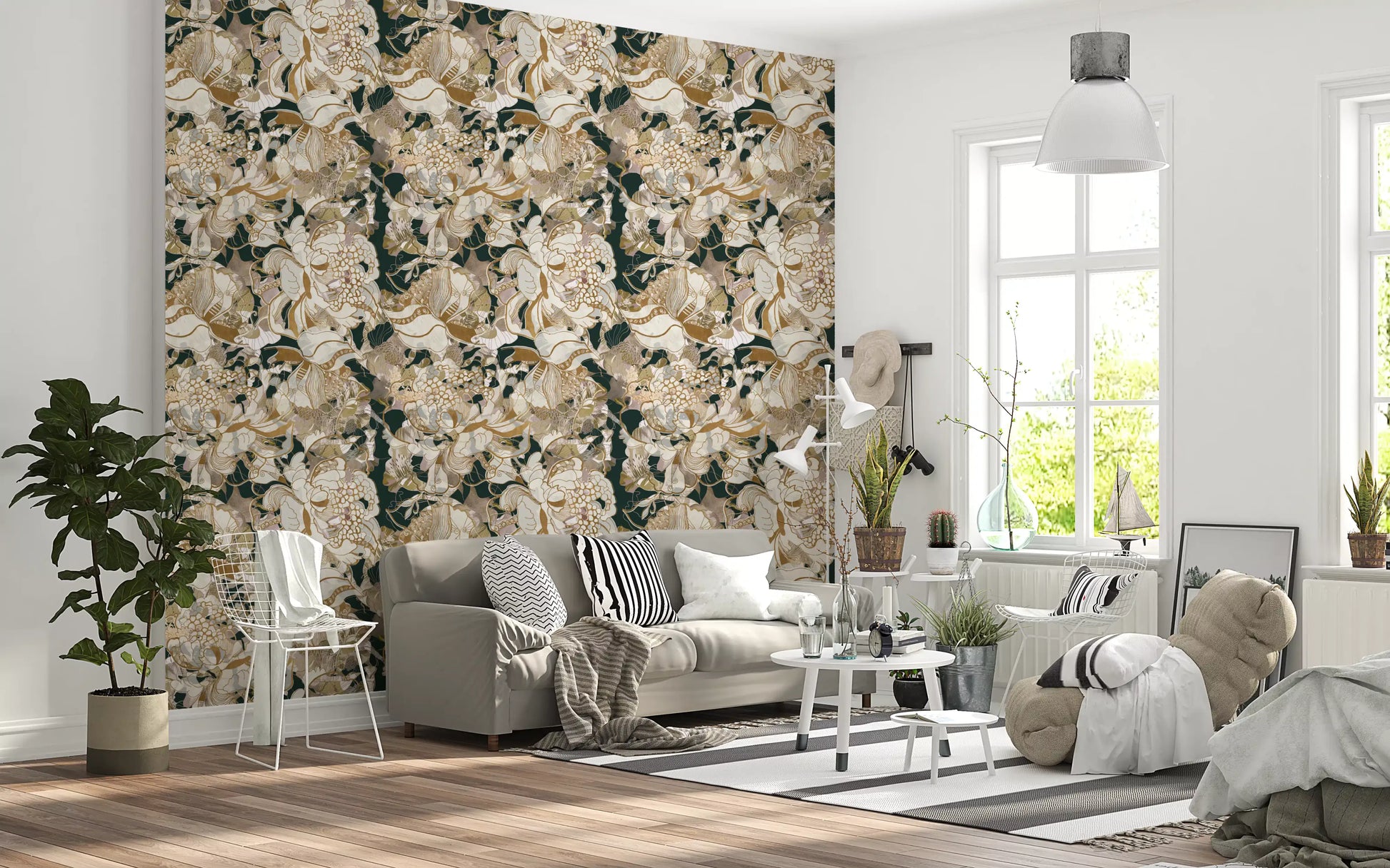 Dark Botanical Peony Wallpaper with cream blooms and gold outlines